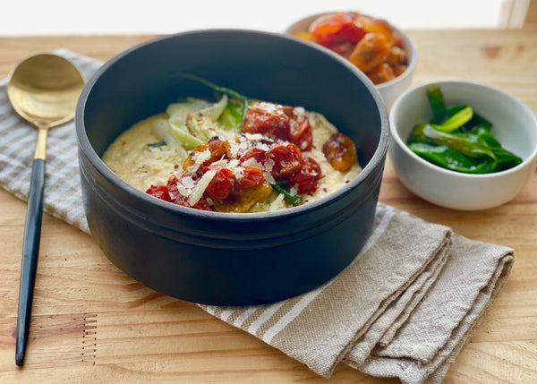 Creamy Polenta with Roasted Tomato and Scallion - Wander Broth